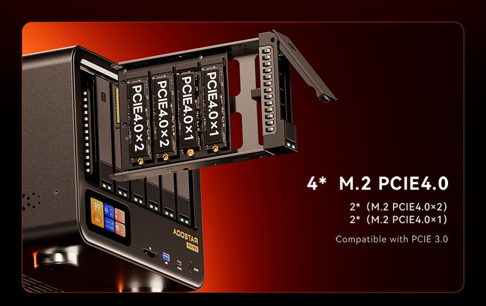 AOOSTAR WTR MAX 11 Bays NAS Mini PC with Secondary Screen, AMD R7 Pro 8845HS 8 Cores Max 5.1GHz, 32GB DDR5 RAM 1TB SSD,  HDMI+DP+USB4 Triple Display, 2*2.5G LAN, 2* INTEL X710 10G LAN, 3*USB3.2, 1*Oculink, 1*SD Card, 1*Type-C, 1*Audio - EU Plug