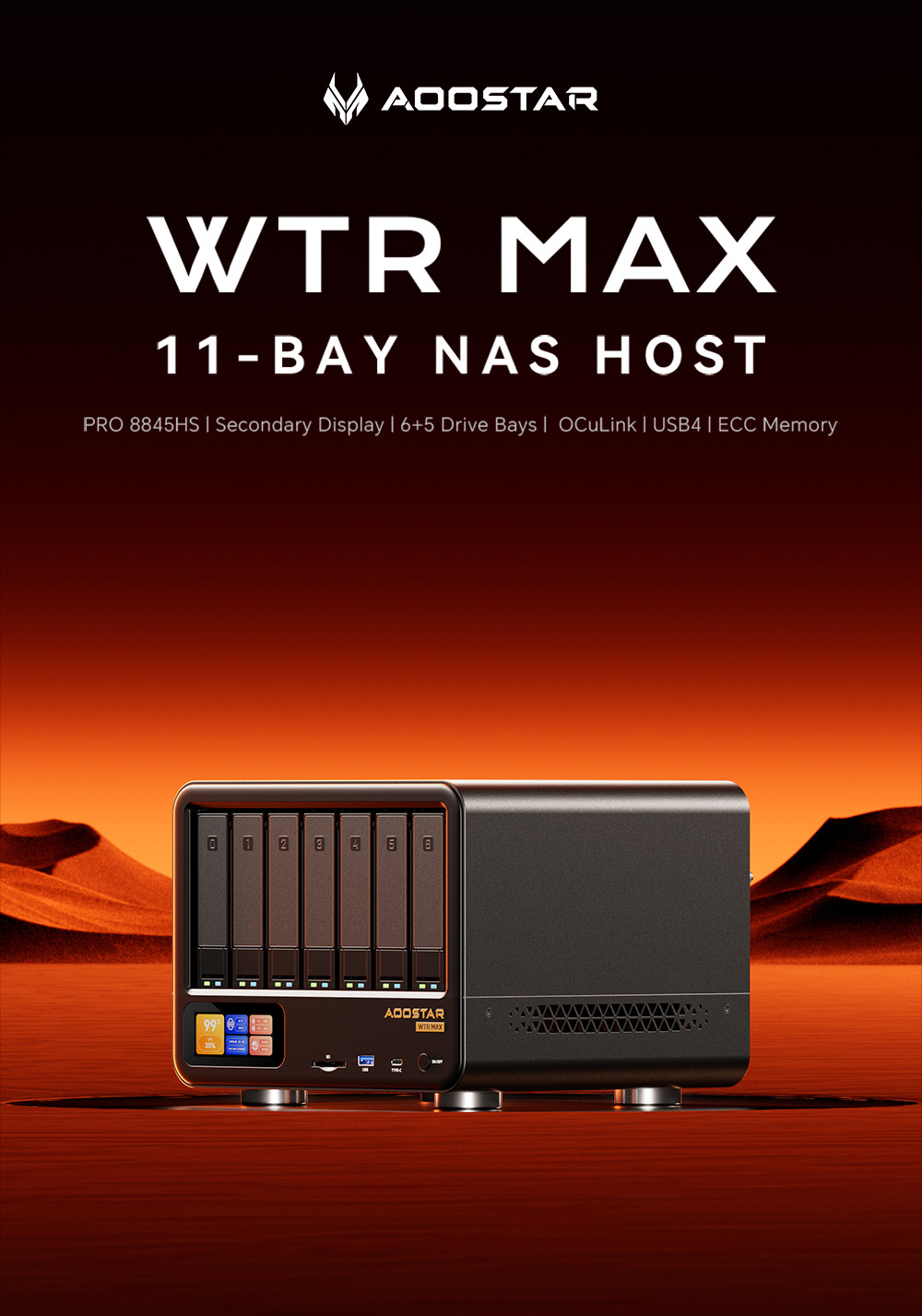 AOOSTAR WTR MAX 11 Bays NAS Mini PC with Secondary Screen, AMD R7 Pro 8845HS 8 Cores Max 5.1GHz, 64GB DDR5 RAM 2TB SSD,  HDMI+DP+USB4 Triple Display, 2*2.5G LAN, 2* INTEL X710 10G LAN, 3*USB3.2, 1*Oculink, 1*SD Card, 1*Type-C, 1*Audio - EU Plug