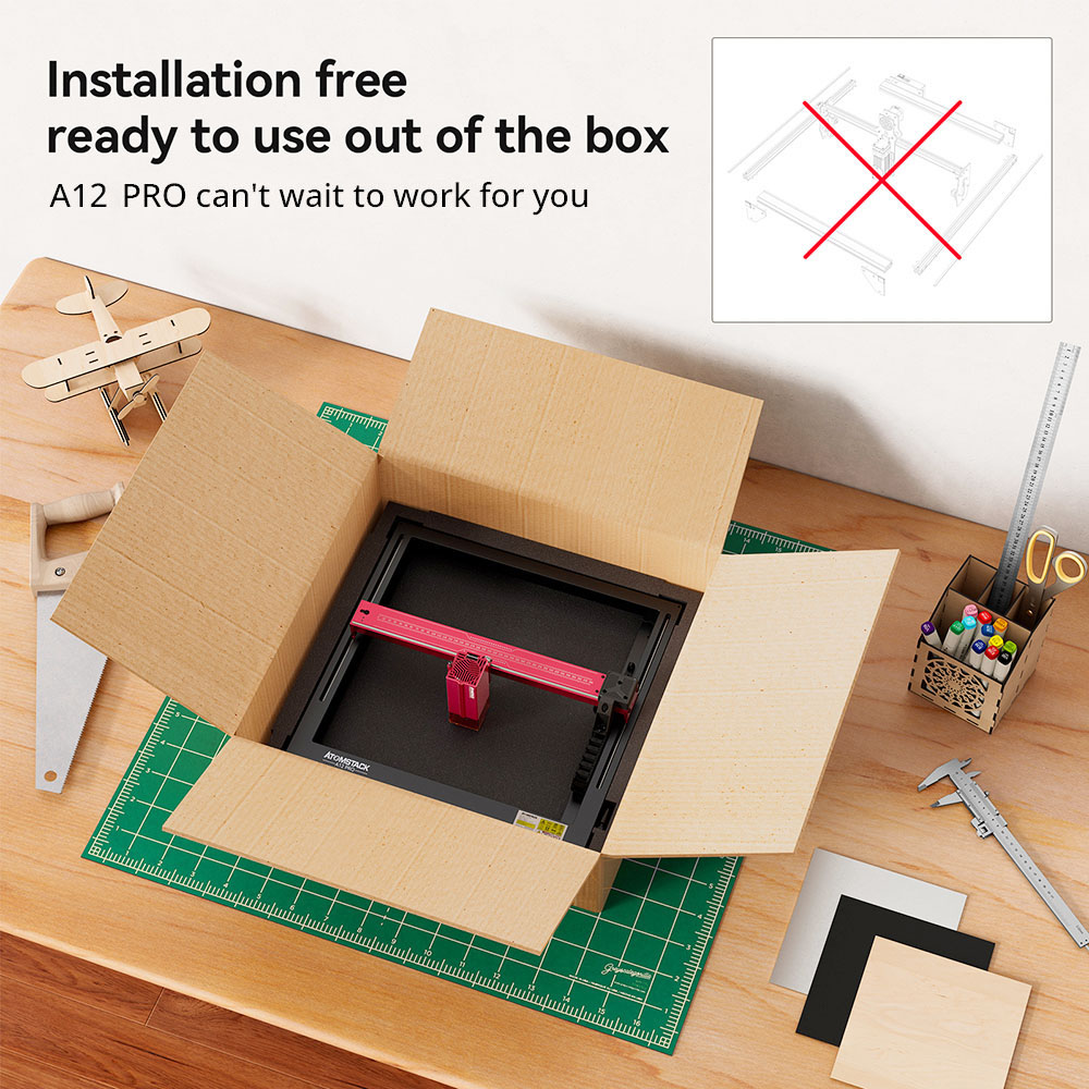 Refurbished ATOMSTACK A12 PRO 12W Laser Engraver Cutter, Fixed Focus, 0.02mm Engraving Precision, 600mm/s Engraving Speed, 32-bit Motherboard, Cross Laser Positioning, App Control, Unibody Frame, 365x305mm