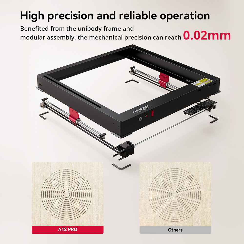 Refurbished ATOMSTACK A12 PRO 12W Laser Engraver Cutter, Fixed Focus, 0.02mm Engraving Precision, 600mm/s Engraving Speed, 32-bit Motherboard, Cross Laser Positioning, App Control, Unibody Frame, 365x305mm