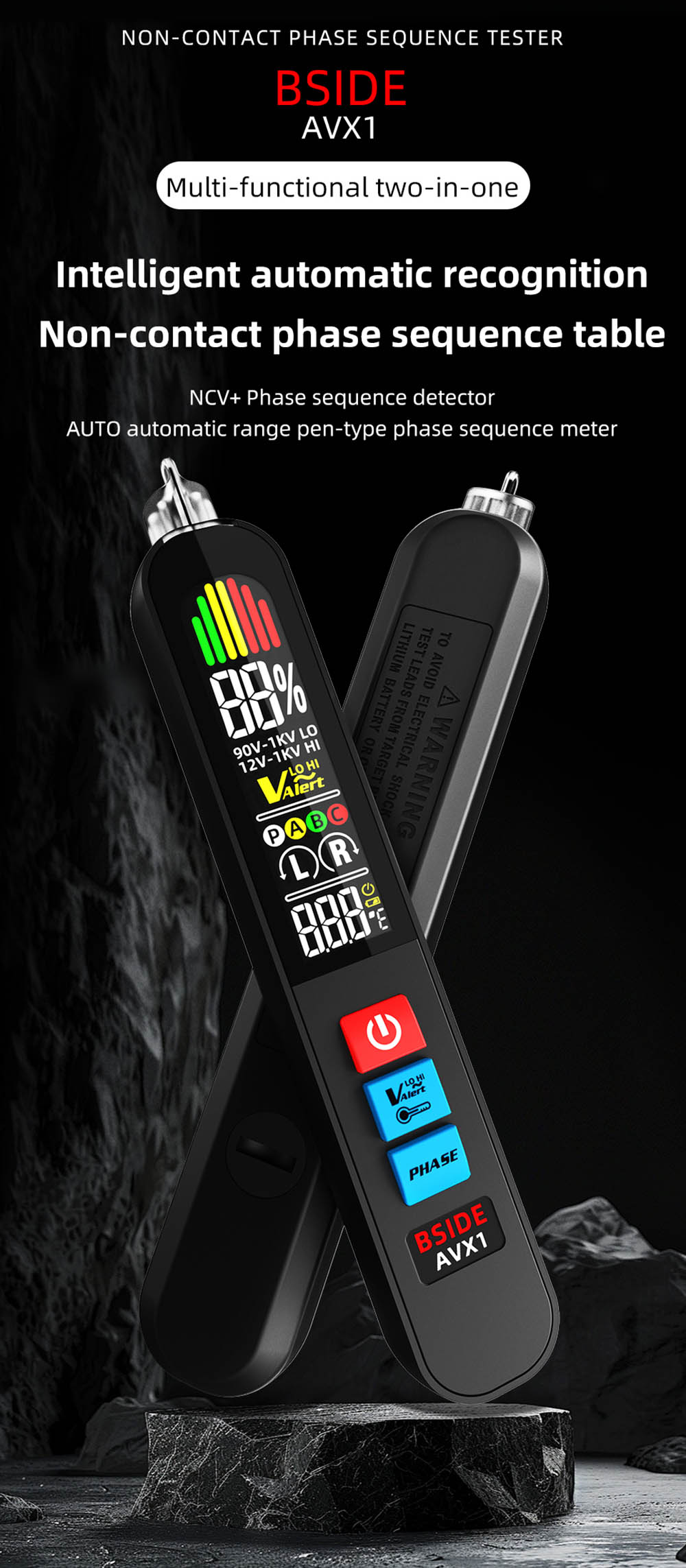 BSIDE AVX1 2-in-1 Phase Tester & NCV Detector, LCD Color Screen, Temp Display, USB Rechargeable 400mAh
