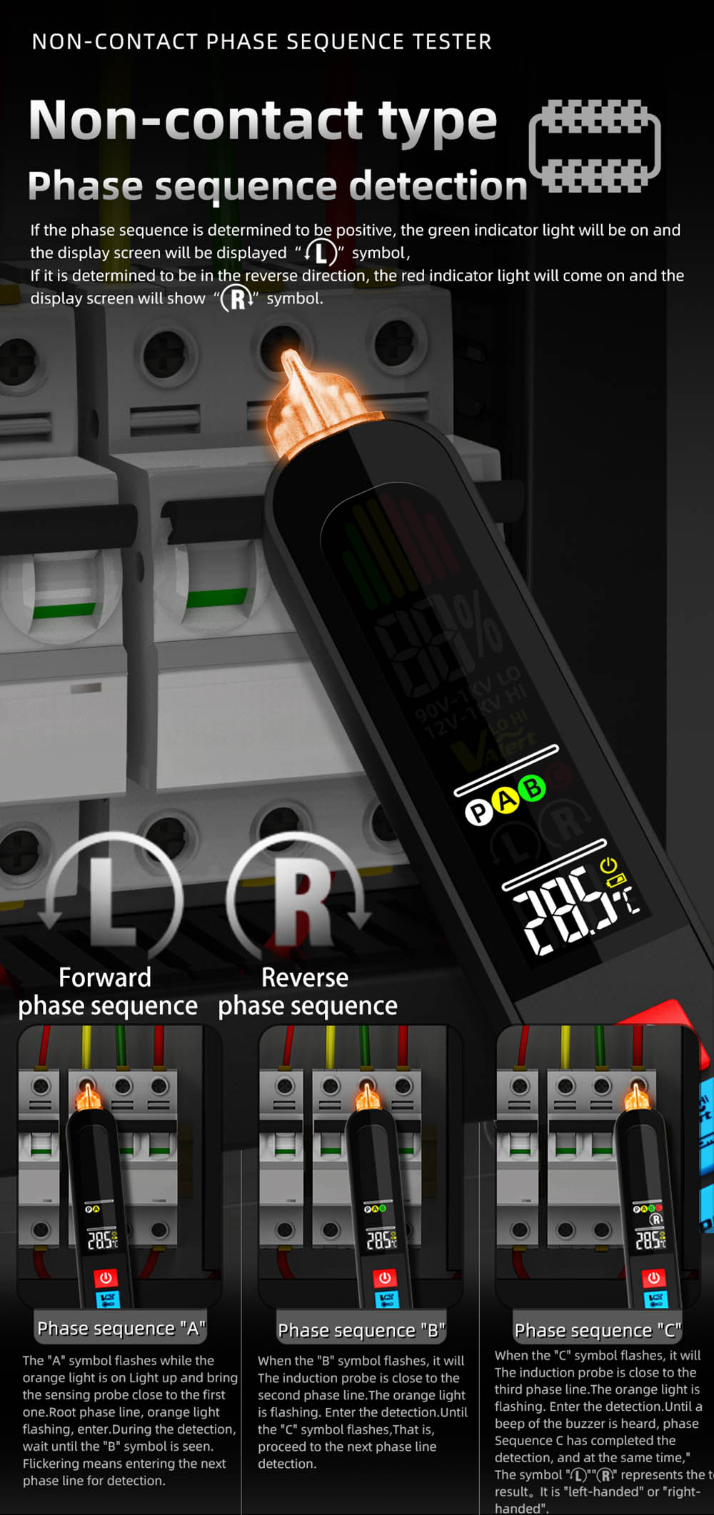 BSIDE AVX1 2-in-1 Phase Tester & NCV Detector, LCD Color Screen, Temp Display, USB Rechargeable 400mAh