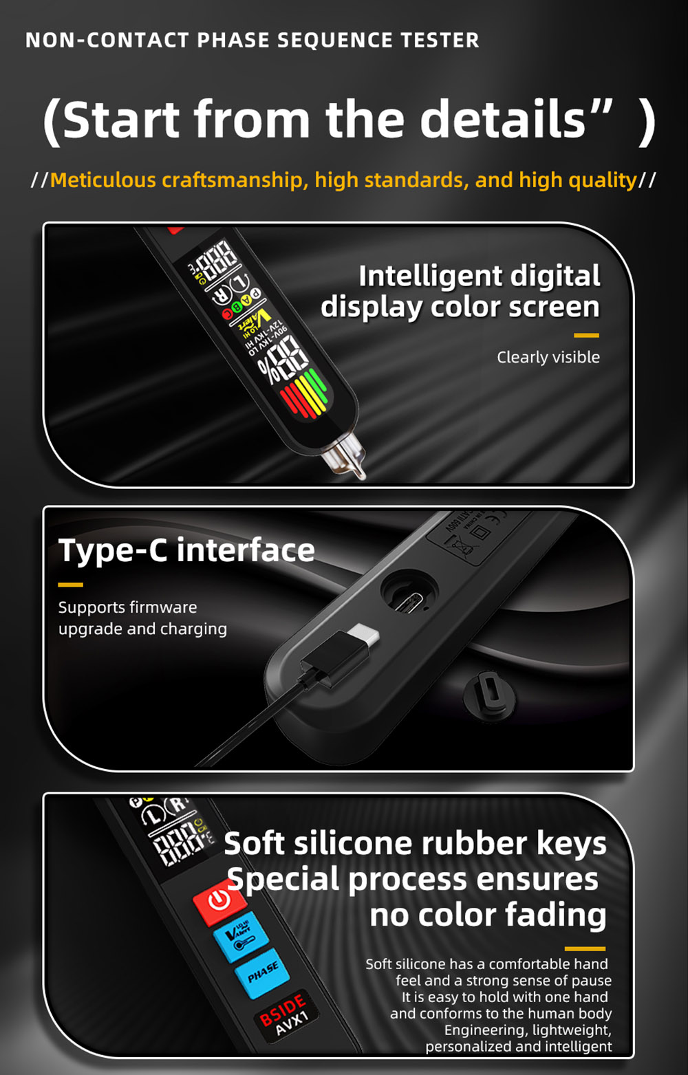 BSIDE AVX1 2-in-1 Phase Tester & NCV Detector, LCD Color Screen, Temp Display, USB Rechargeable 400mAh
