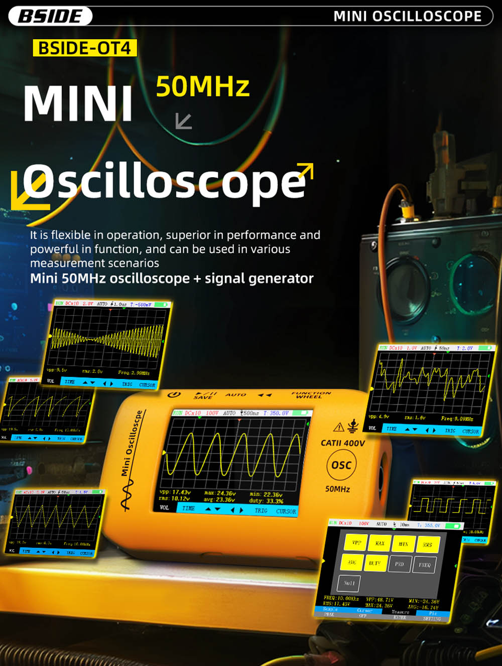BSIDE OT4 Mini Oscilloscope, 50MHz 200MSa/s, 2.8-inch Color Screen, Signal Generator