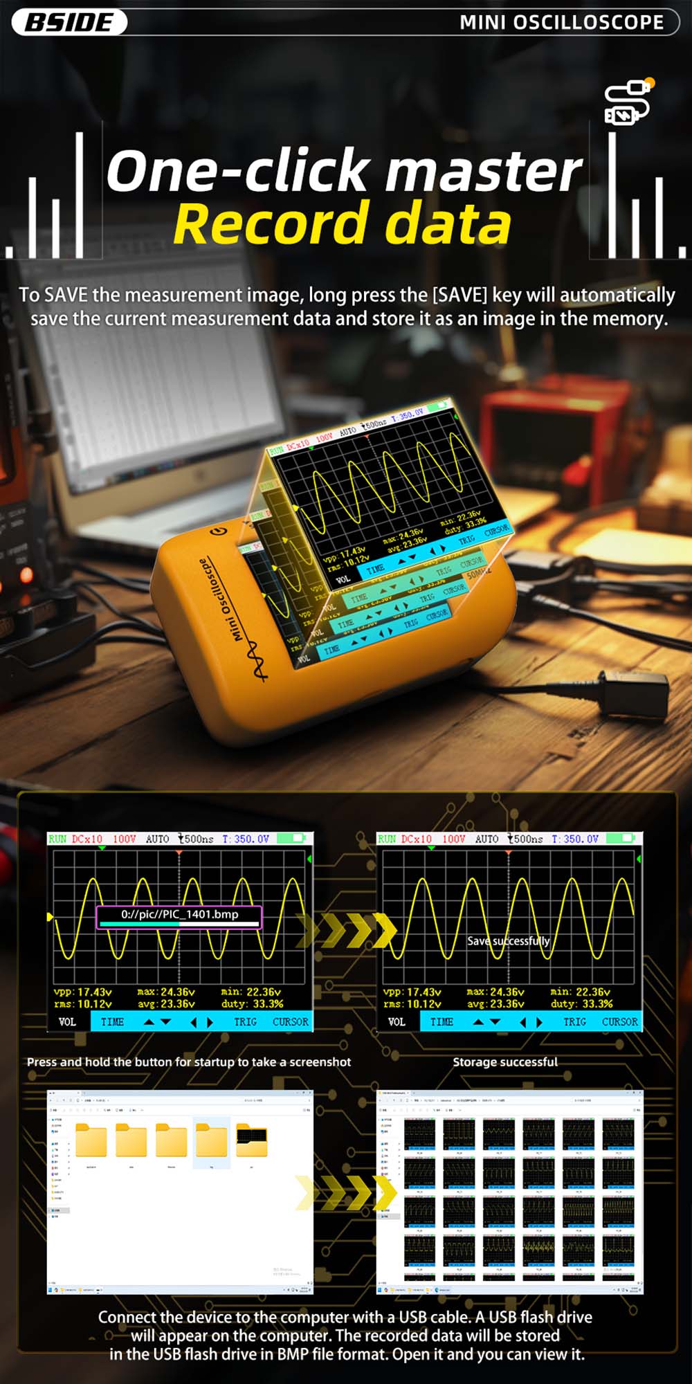 BSIDE OT4 Mini Oscilloscope, 50MHz 200MSa/s, 2.8-inch Color Screen, Signal Generator