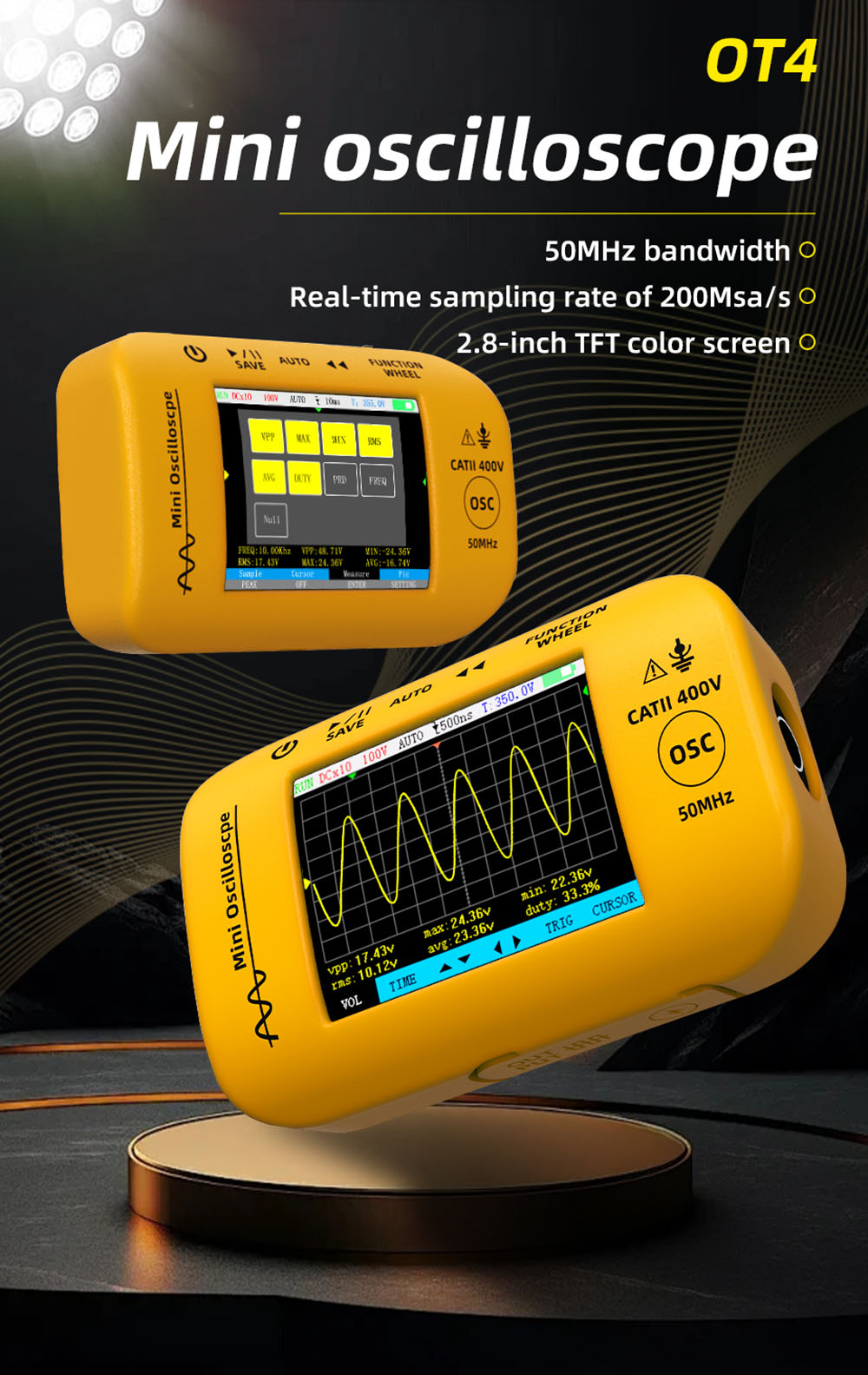 BSIDE OT4 Mini Oscilloscope, 50MHz 200MSa/s, 2.8-inch Color Screen, Signal Generator