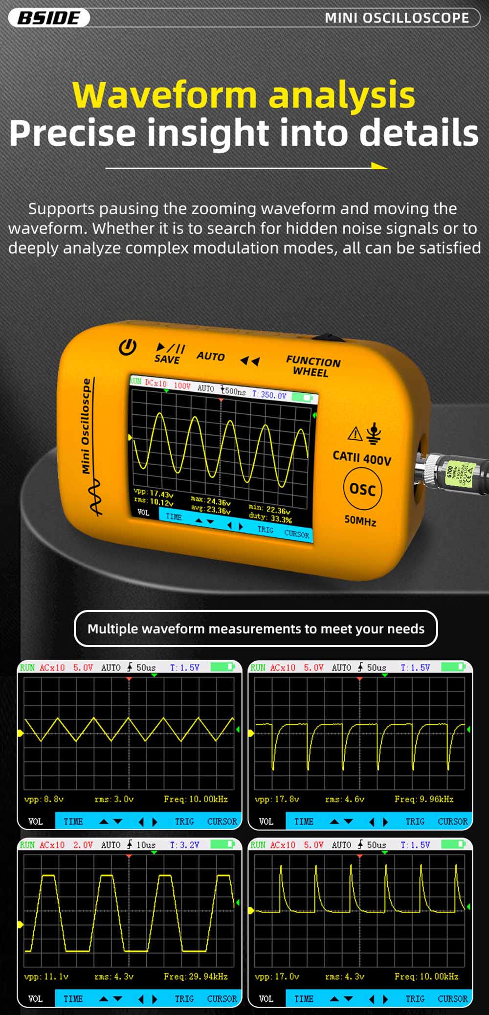 BSIDE OT4 Mini Oscilloscope, 50MHz 200MSa/s, 2.8-inch Color Screen, Signal Generator