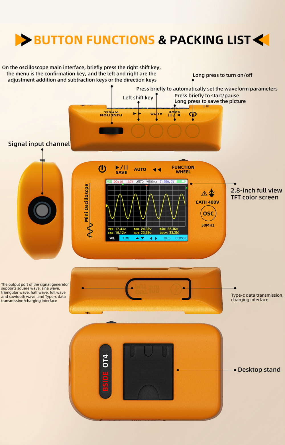 BSIDE OT4 Mini Oscilloscope, 50MHz 200MSa/s, 2.8-inch Color Screen, Signal Generator