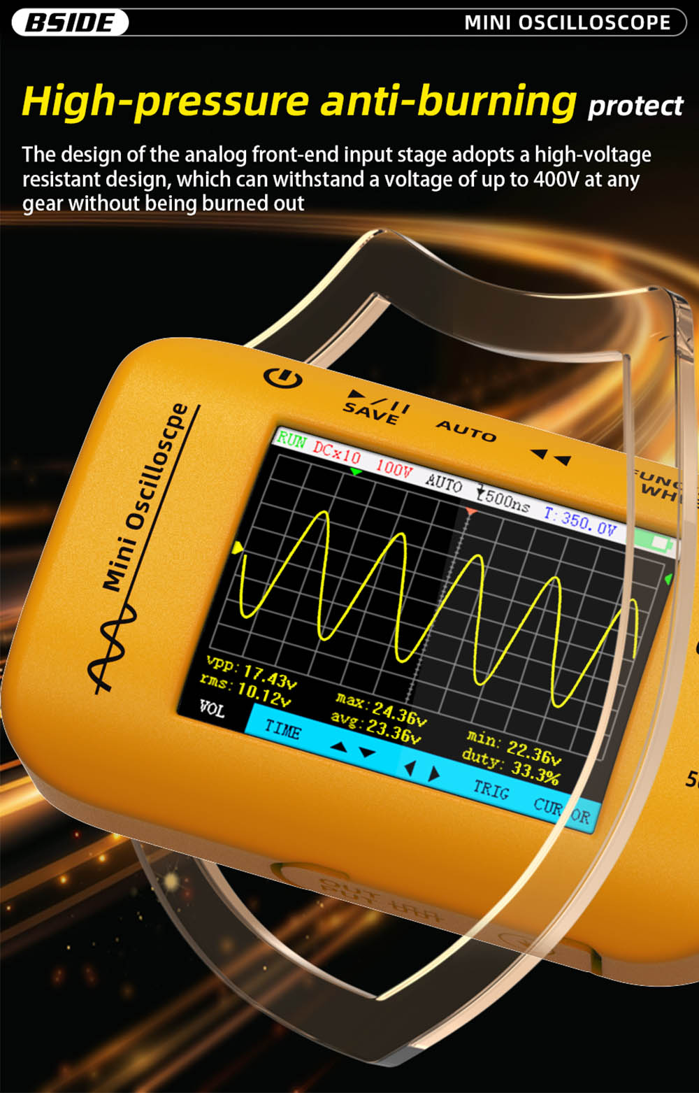 BSIDE OT4 Mini Oscilloscope, 50MHz 200MSa/s, 2.8-inch Color Screen, Signal Generator