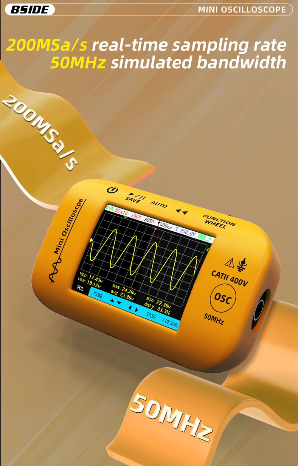 BSIDE OT4 Mini Oscilloscope, 50MHz 200MSa/s, 2.8-inch Color Screen, Signal Generator