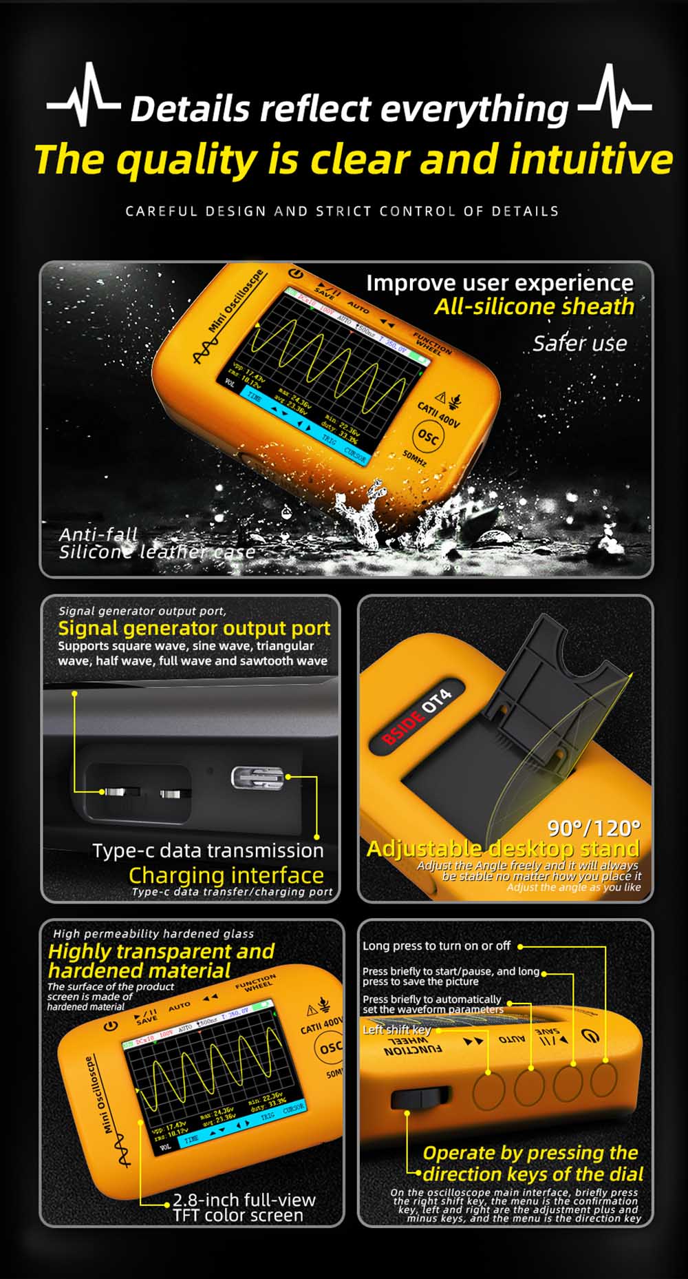 BSIDE OT4 Mini Oscilloscope, 50MHz 200MSa/s, 2.8-inch Color Screen, Signal Generator