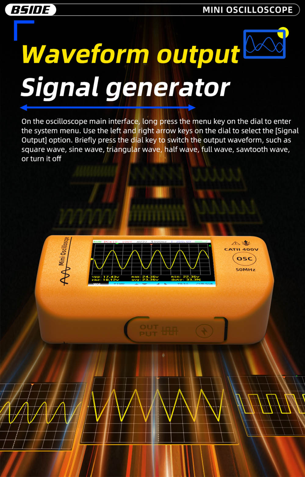 BSIDE OT4 Mini Oscilloscope, 50MHz 200MSa/s, 2.8-inch Color Screen, Signal Generator