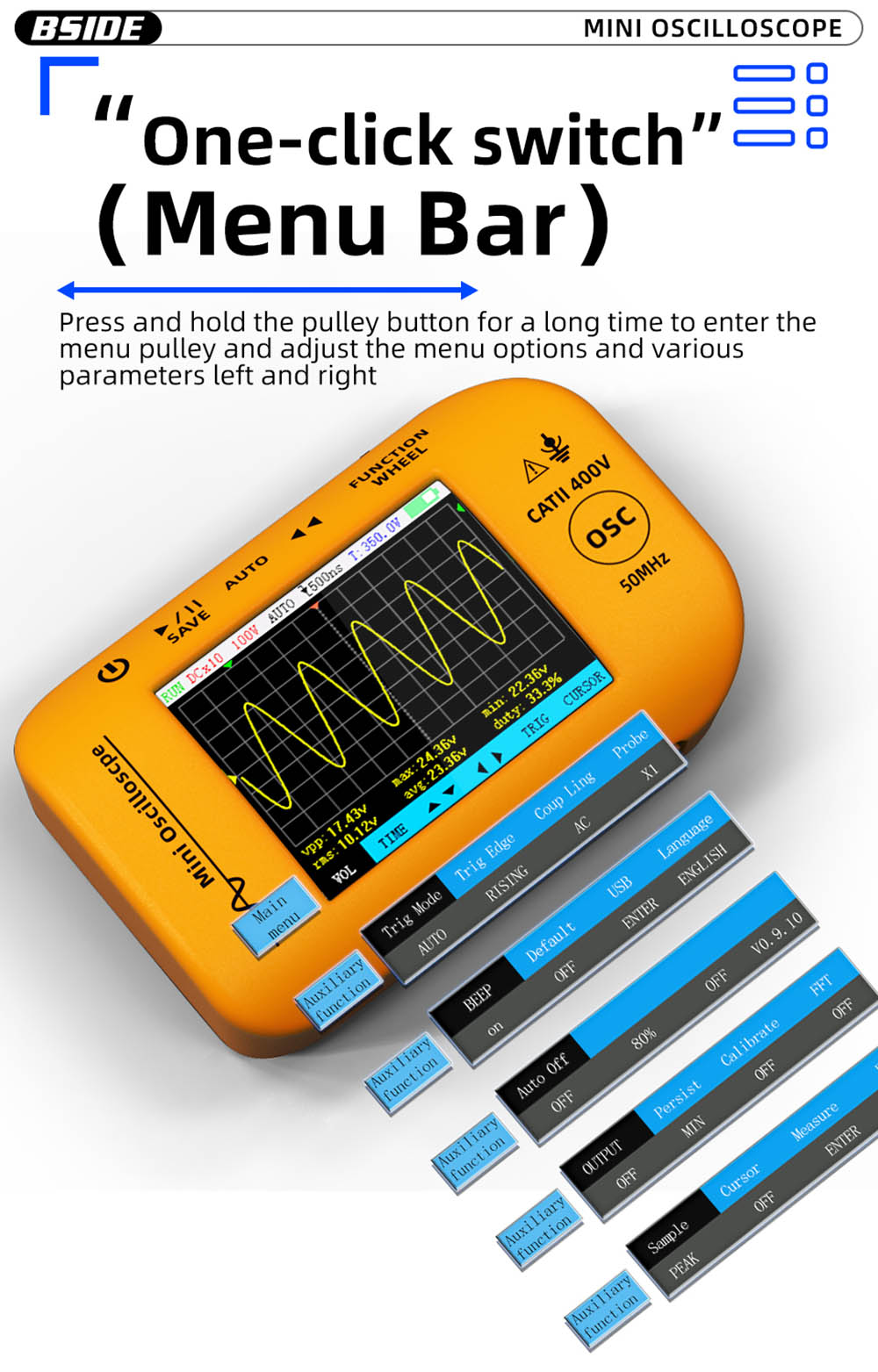 BSIDE OT4 Mini Oscilloscope, 50MHz 200MSa/s, 2.8-inch Color Screen, Signal Generator
