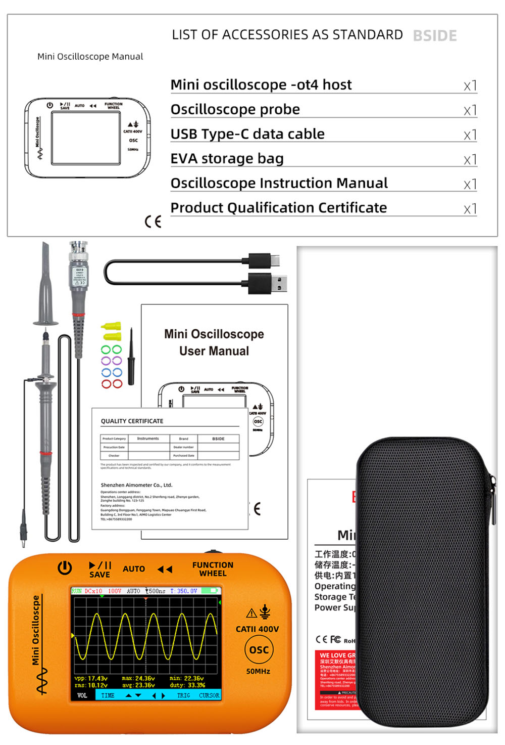 BSIDE OT4 Mini Oscilloscope, 50MHz 200MSa/s, 2.8-inch Color Screen, Signal Generator