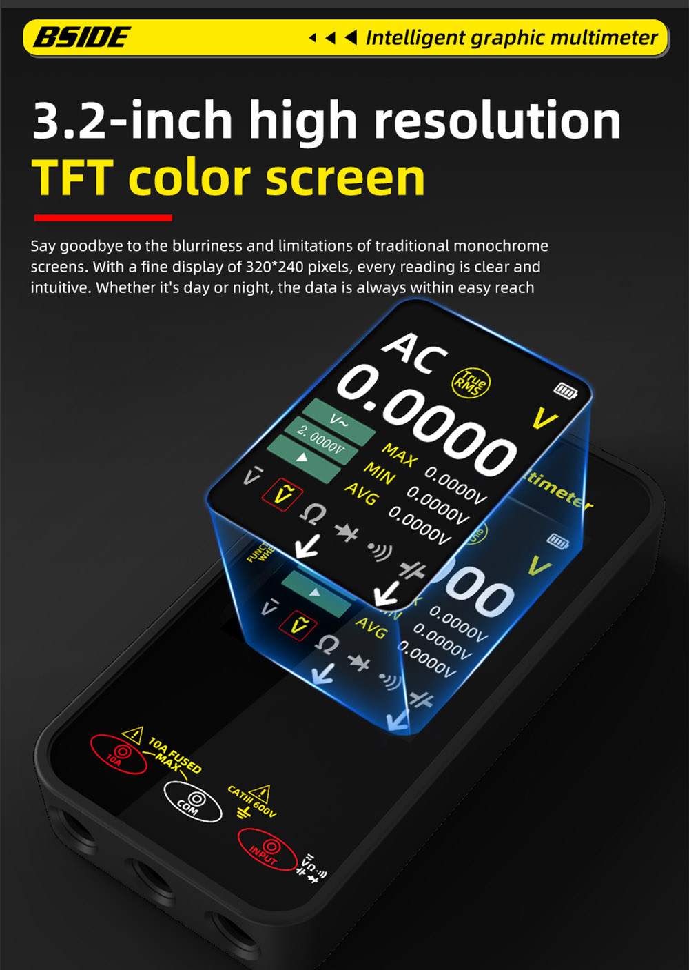 BSIDE S500 Graph Multimeter, 3.2-inch Color Screen, 320*240 Resolution, True RMS 20000 Counts, Auto-Ranging, 1200mAh Battery, Voltage Current Tester