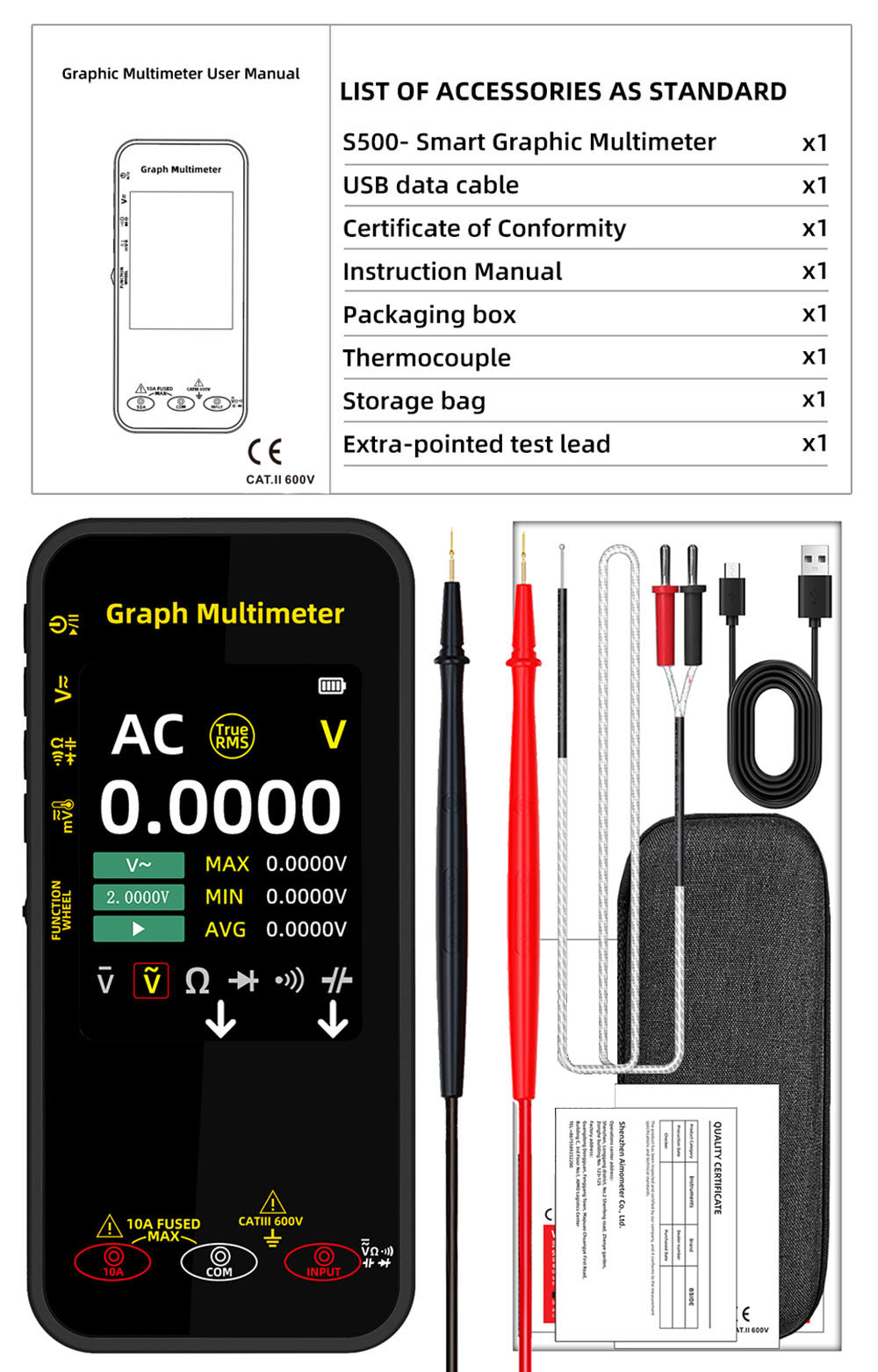 BSIDE S500 Graph Multimeter, 3.2-inch Color Screen, 320*240 Resolution, True RMS 20000 Counts, Auto-Ranging, 1200mAh Battery, Voltage Current Tester