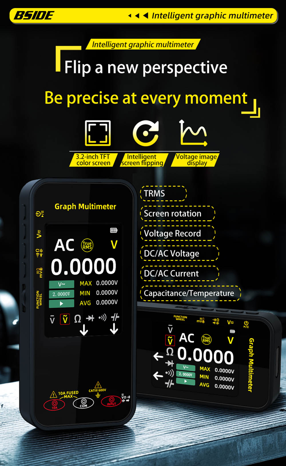 BSIDE S500 Graph Multimeter, 3.2-inch Color Screen, 320*240 Resolution, True RMS 20000 Counts, Auto-Ranging, 1200mAh Battery, Voltage Current Tester