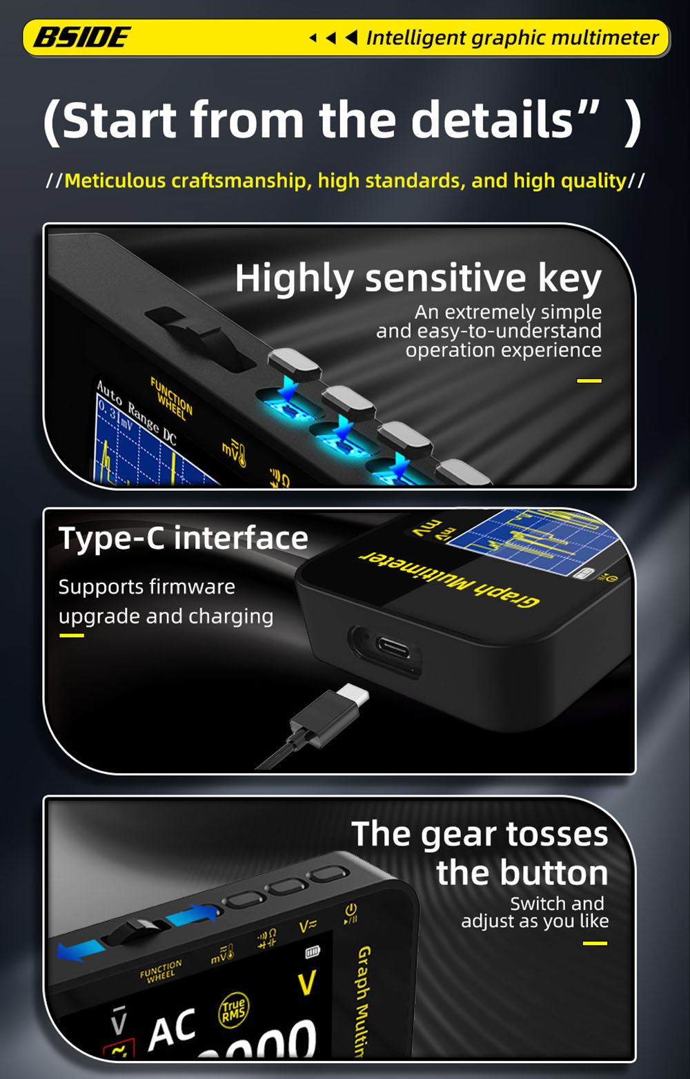 BSIDE S500 Graph Multimeter, 3.2-inch Color Screen, 320*240 Resolution, True RMS 20000 Counts, Auto-Ranging, 1200mAh Battery, Voltage Current Tester