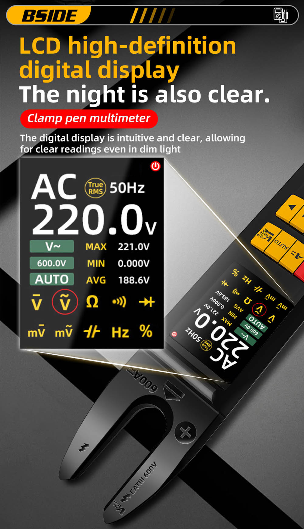 BSIDE U5 U-Shaped Clamp Meter, 600A DC AC Current Tester, True RMS, Auto-Ranging, TFT Color Screen, NCV/Zero-Live Wire, USB Rechargeable, 1200mAh Multimeter