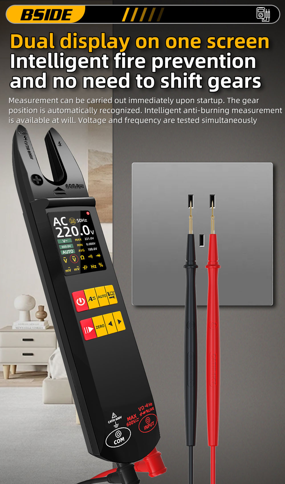 BSIDE U5 U-Shaped Clamp Meter, 600A DC AC Current Tester, True RMS, Auto-Ranging, TFT Color Screen, NCV/Zero-Live Wire, USB Rechargeable, 1200mAh Multimeter