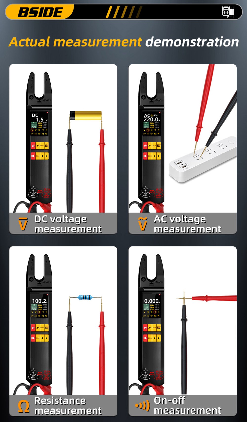 BSIDE U5 U-Shaped Clamp Meter, 600A DC AC Current Tester, True RMS, Auto-Ranging, TFT Color Screen, NCV/Zero-Live Wire, USB Rechargeable, 1200mAh Multimeter