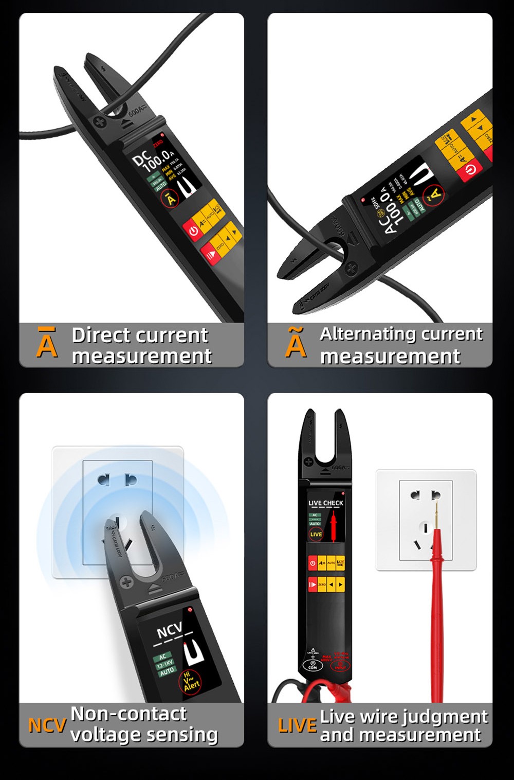 BSIDE U5 U-Shaped Clamp Meter, 600A DC AC Current Tester, True RMS, Auto-Ranging, TFT Color Screen, NCV/Zero-Live Wire, USB Rechargeable, 1200mAh Multimeter