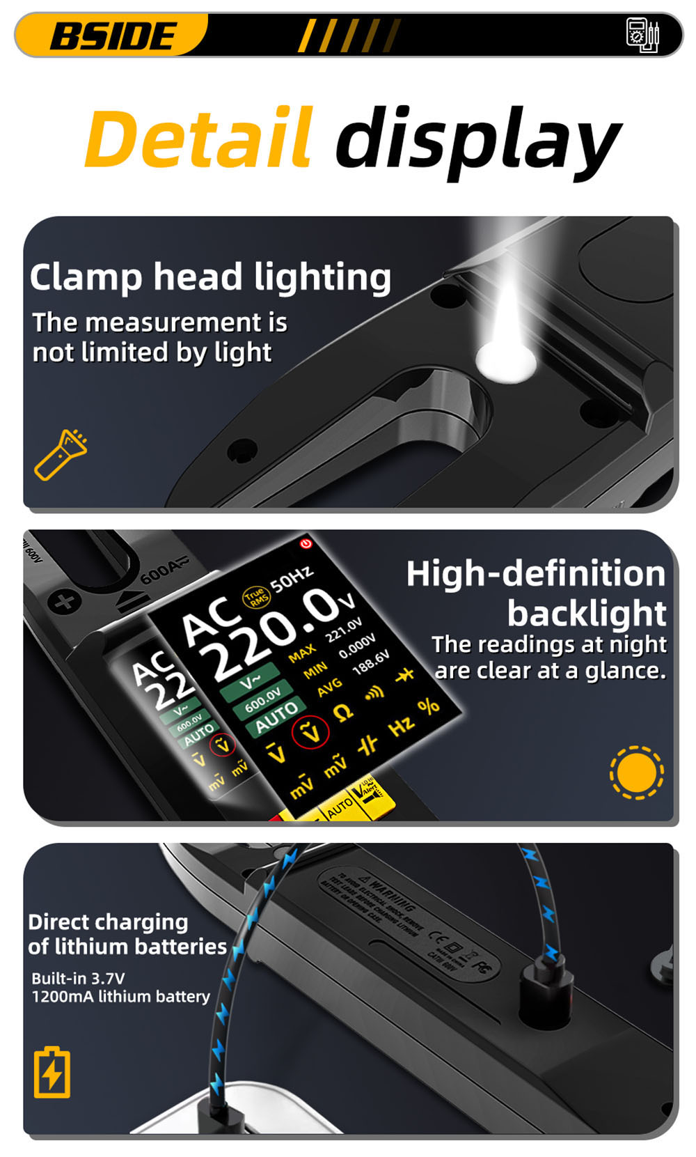 BSIDE U5 U-Shaped Clamp Meter, 600A DC AC Current Tester, True RMS, Auto-Ranging, TFT Color Screen, NCV/Zero-Live Wire, USB Rechargeable, 1200mAh Multimeter