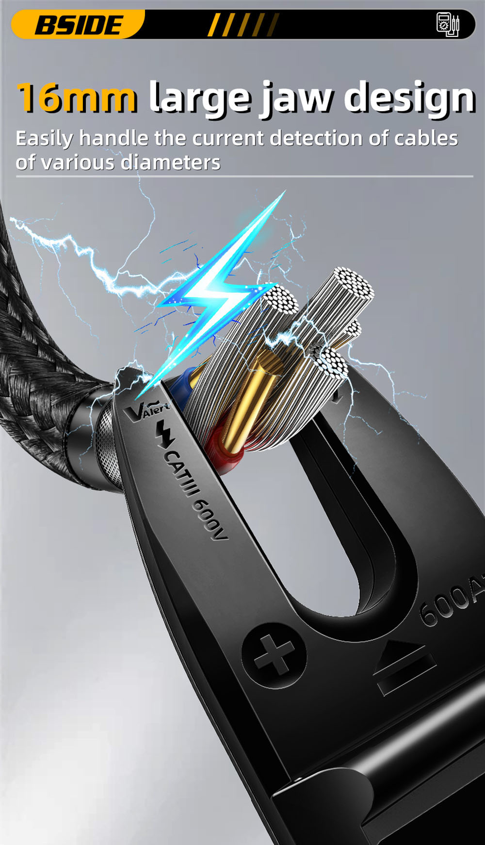 BSIDE U5 U-Shaped Clamp Meter, 600A DC AC Current Tester, True RMS, Auto-Ranging, TFT Color Screen, NCV/Zero-Live Wire, USB Rechargeable, 1200mAh Multimeter