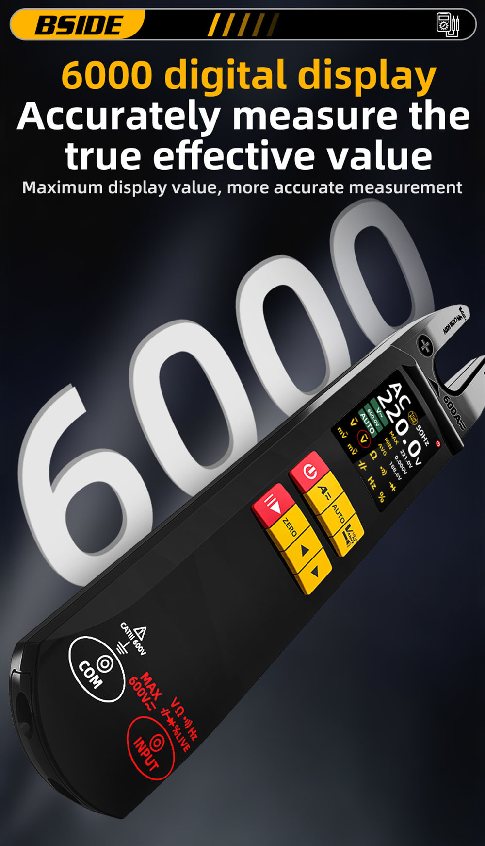 BSIDE U5 U-Shaped Clamp Meter, 600A DC AC Current Tester, True RMS, Auto-Ranging, TFT Color Screen, NCV/Zero-Live Wire, USB Rechargeable, 1200mAh Multimeter