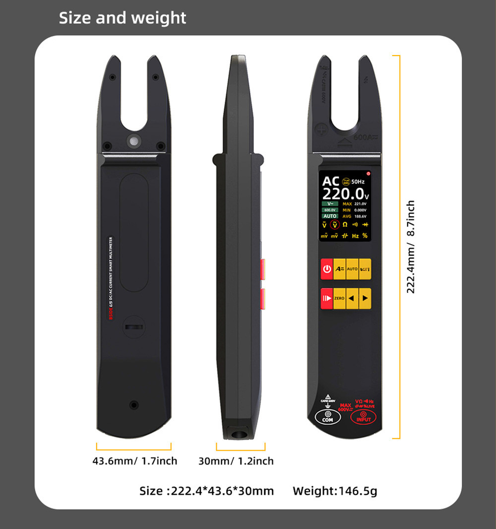 BSIDE U5 U-Shaped Clamp Meter, 600A DC AC Current Tester, True RMS, Auto-Ranging, TFT Color Screen, NCV/Zero-Live Wire, USB Rechargeable, 1200mAh Multimeter