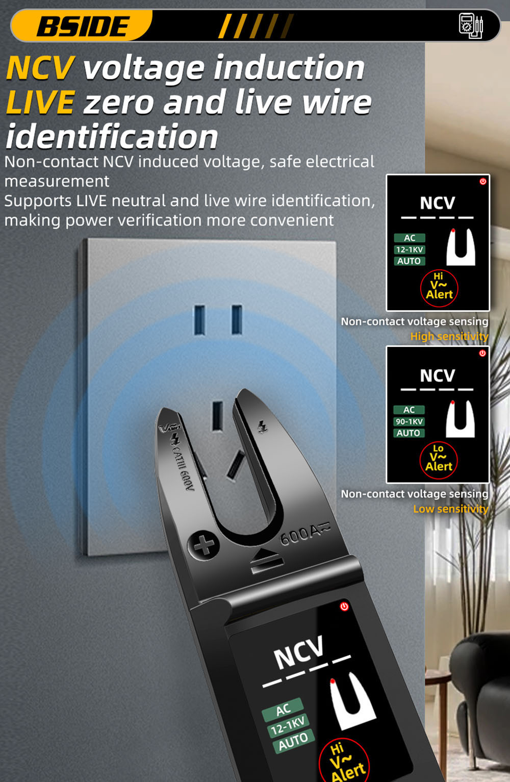 BSIDE U5 U-Shaped Clamp Meter, 600A DC AC Current Tester, True RMS, Auto-Ranging, TFT Color Screen, NCV/Zero-Live Wire, USB Rechargeable, 1200mAh Multimeter