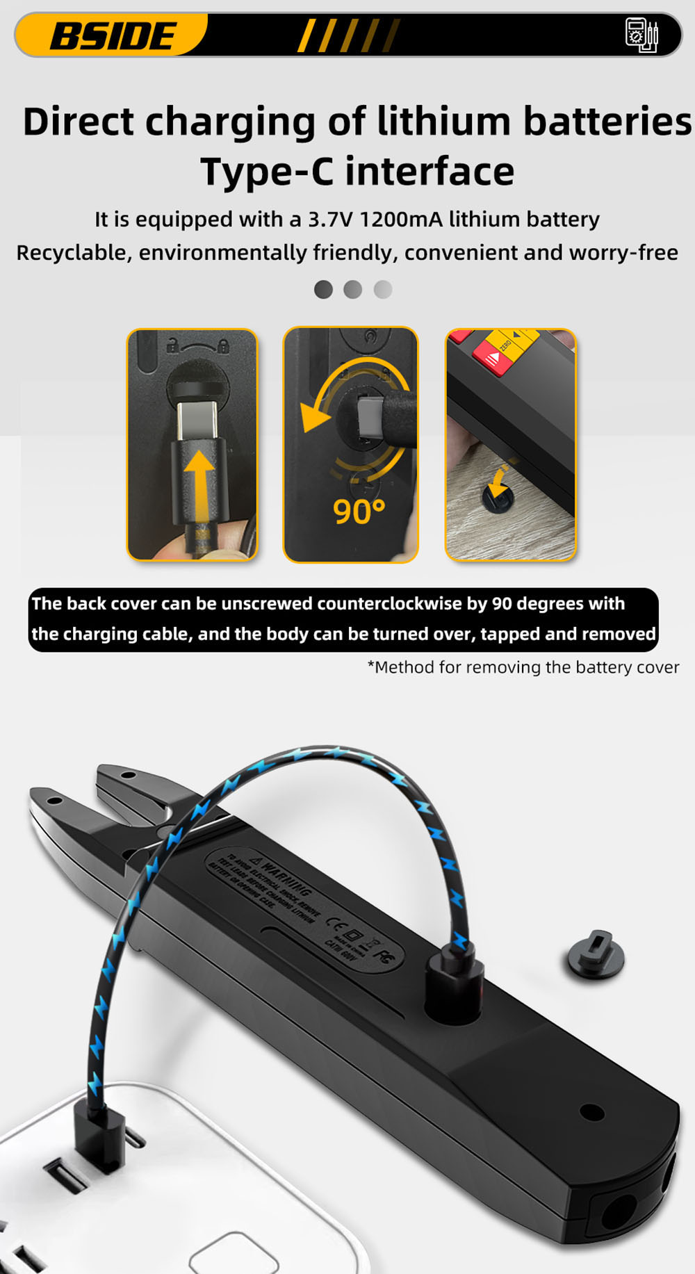 BSIDE U5 U-Shaped Clamp Meter, 600A DC AC Current Tester, True RMS, Auto-Ranging, TFT Color Screen, NCV/Zero-Live Wire, USB Rechargeable, 1200mAh Multimeter