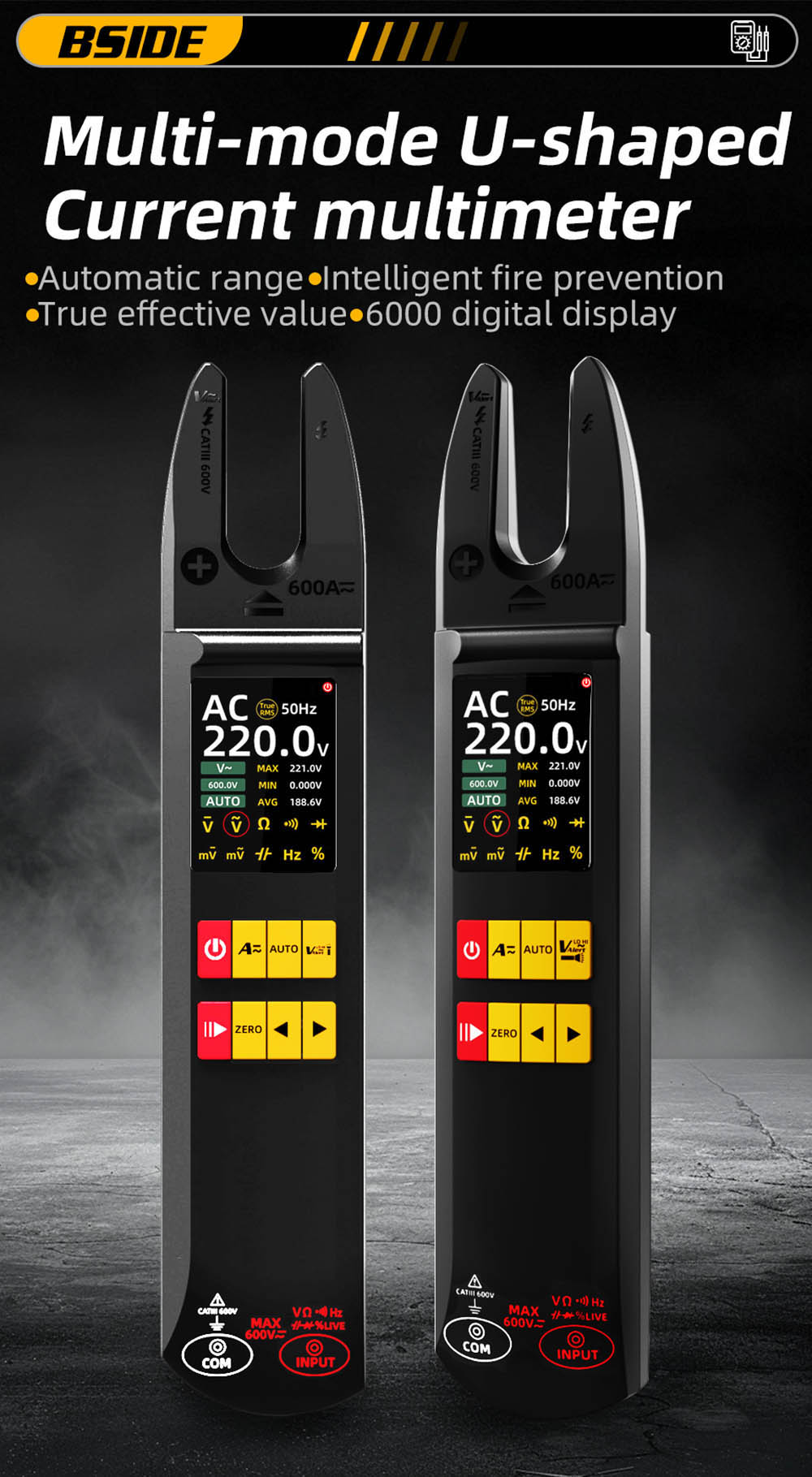 BSIDE U5 U-Shaped Clamp Meter, 600A DC AC Current Tester, True RMS, Auto-Ranging, TFT Color Screen, NCV/Zero-Live Wire, USB Rechargeable, 1200mAh Multimeter