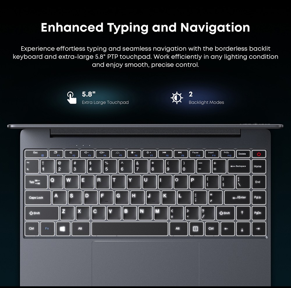 CHUWI CoreBook X Laptop, 14-palcový displej 2160*1440, AMD Ryzen 5 7430U 6 jadier max. 4,3 GHz, 16 GB RAM 512 SSD, WiFi 6 Bluetooth 5.2, batéria 4000 mAh, podsvietená klávesnica, 1*plnohodnotný Type-C, 2*USB3.0, 1*HDMI 1.4, 1*Slot na kartu TF, 1*Slúchadlový konektor