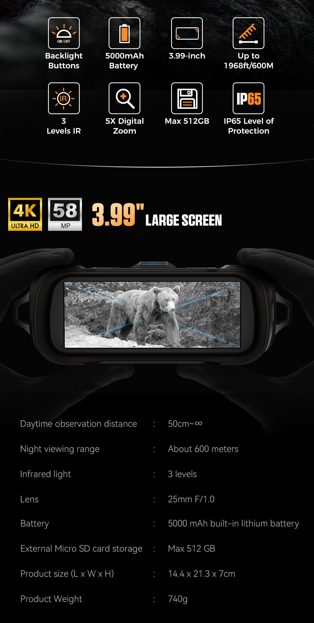 CIGMAN CNV01 Night Vision Binoculars, 3.99" Large Screen, Up to 18H 5000mAh Battery, f/1.0 Large Aperture, 32GB Memory Card, 5X Zoom, Flashlight, Compass