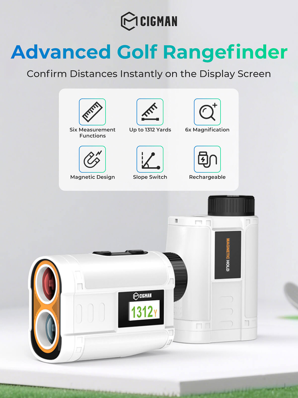 CIGMAN CT-1200 Golf Rangefinder, 1312 Yards with Slope, 6X Magnification, Flag-Lock Vibration, IP54 Waterproof, 6 Modes, Rechargeable 750mAh