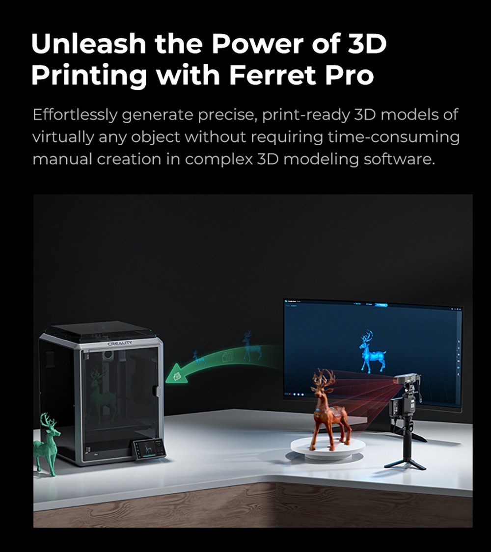 Refurbished Creality CR-Scan Ferret Pro 3D Scanner, Infrared Light Source, Up to 30 fps Scan Speed, 0.1mm Accuracy, 150-700mm Working Distance, 560x820mm Single Capture Range, 150x150mm Minimum Scanning, Wireless Connection