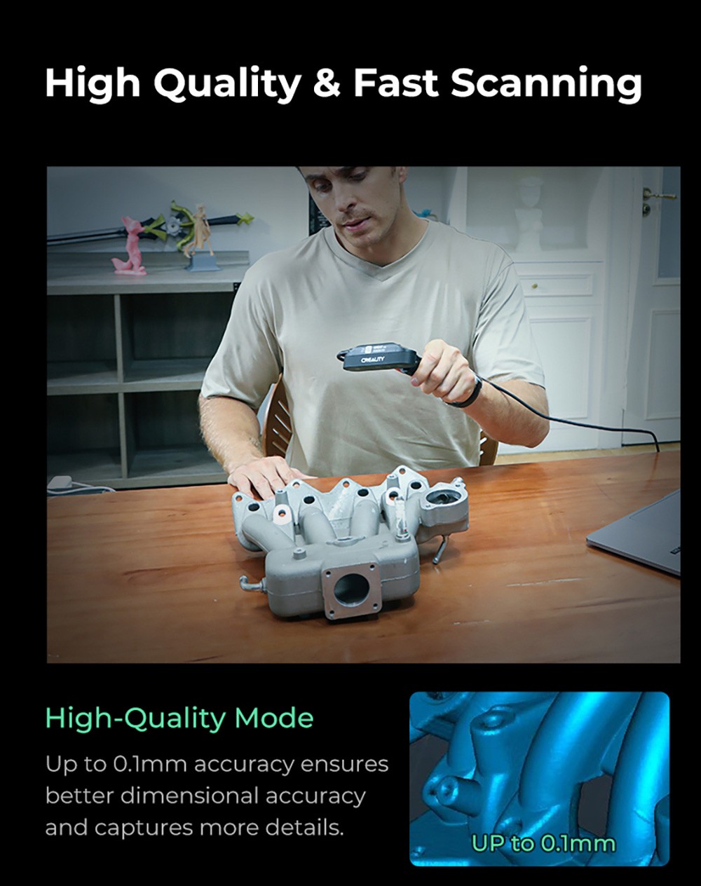 Refurbished Creality CR-Scan Ferret Pro 3D Scanner, Infrared Light Source, Up to 30 fps Scan Speed, 0.1mm Accuracy, 150-700mm Working Distance, 560x820mm Single Capture Range, 150x150mm Minimum Scanning, Wireless Connection