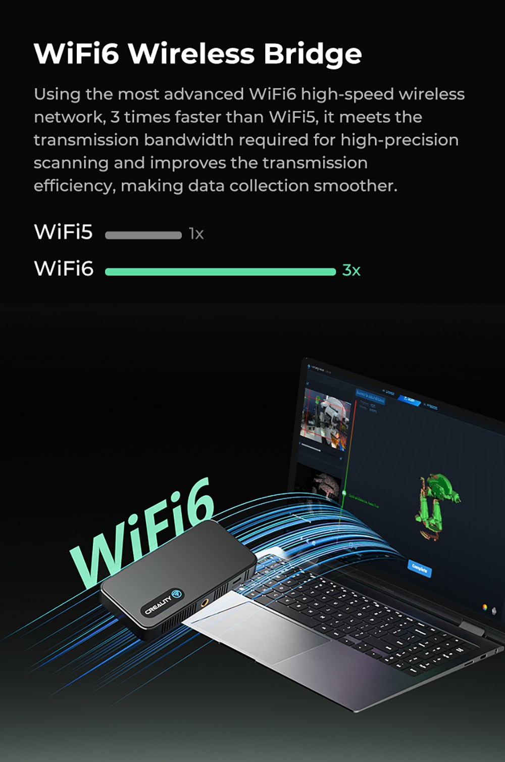 Refurbished Creality CR-Scan Ferret Pro 3D Scanner, Infrared Light Source, Up to 30 fps Scan Speed, 0.1mm Accuracy, 150-700mm Working Distance, 560x820mm Single Capture Range, 150x150mm Minimum Scanning, Wireless Connection