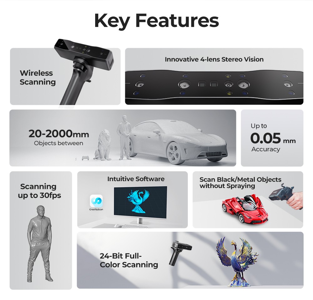 Creality Otter Lite 3D Scanner, 0.05 mm presnosť, objekty v rozsahu 20 - 2 000 mm, 24-bitové plnofarebné skenovanie, skenovanie tváre & tela