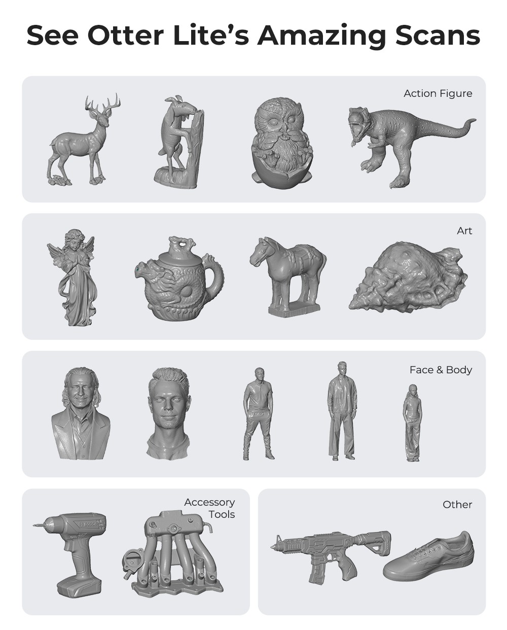 Creality Otter Lite 3D Scanner, 0.05 mm presnosť, objekty v rozsahu 20 - 2000 mm, 24-bitové plnofarebné skenovanie, skenovanie tváre & tela