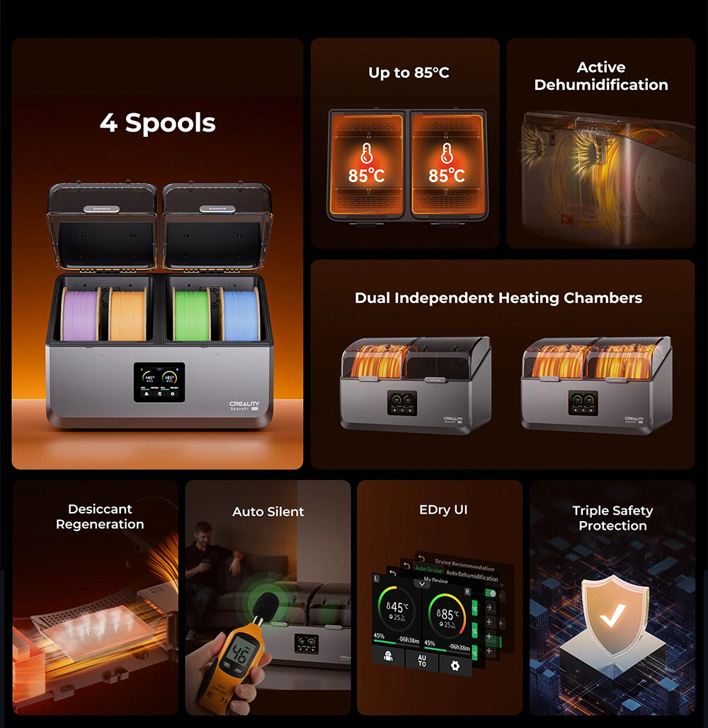 Creality SpacePi X4 Filament Dryer Box, skladovanie 4 filamentov, dve vyhrievacie komory, max. teplota 85°C, pre PLA/TPU/PETG/ABS/Nylon