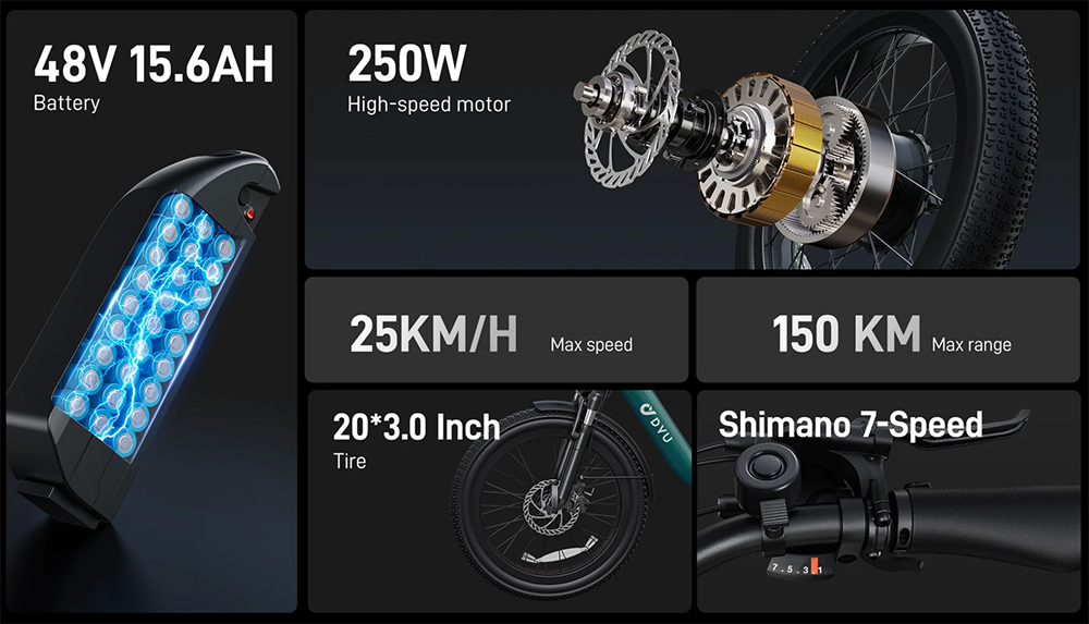 Skladací elektrický bicykel DYU C9, 250W motor, 48V 15.6Ah batéria, 20*3.0 palcové pneumatiky, max. rýchlosť 25 km/h, dojazd 150 km, olejová brzda, predný tlmič, 7-rýchlostný prevod Shimano - biely