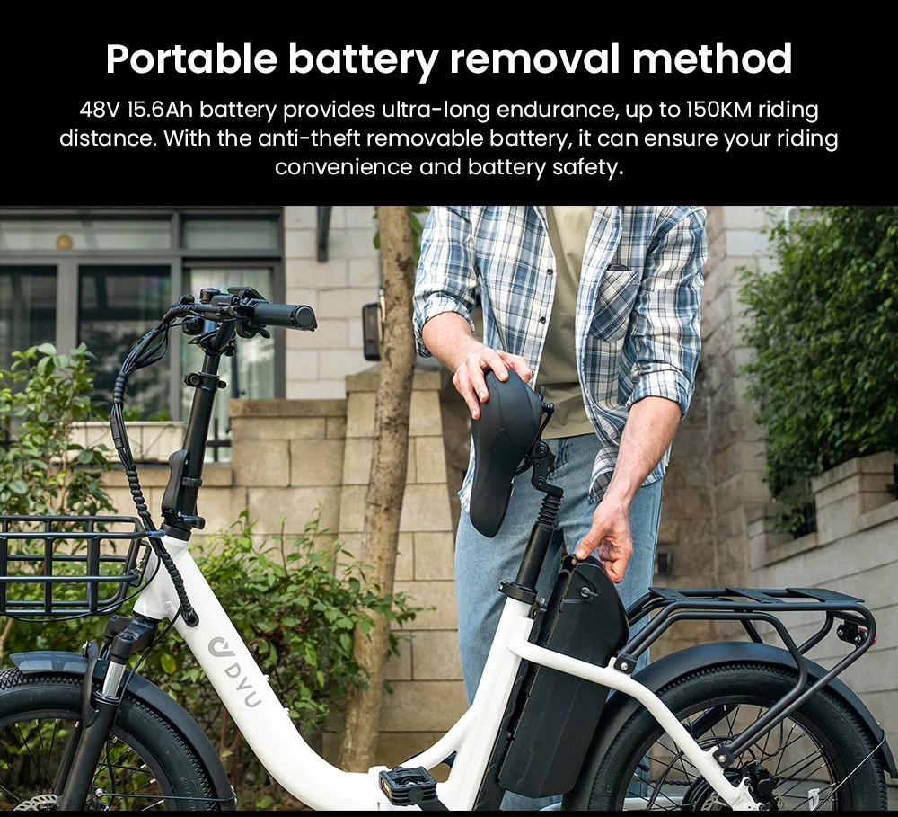 Skladací elektrický bicykel DYU C9, 250W motor, 48V 15,6Ah batéria, 20*3.0 palcové pneumatiky, max. rýchlosť 25 km/h, dojazd 150 km, olejová brzda, predný tlmič, 7-stupňová prevodovka Shimano - biela