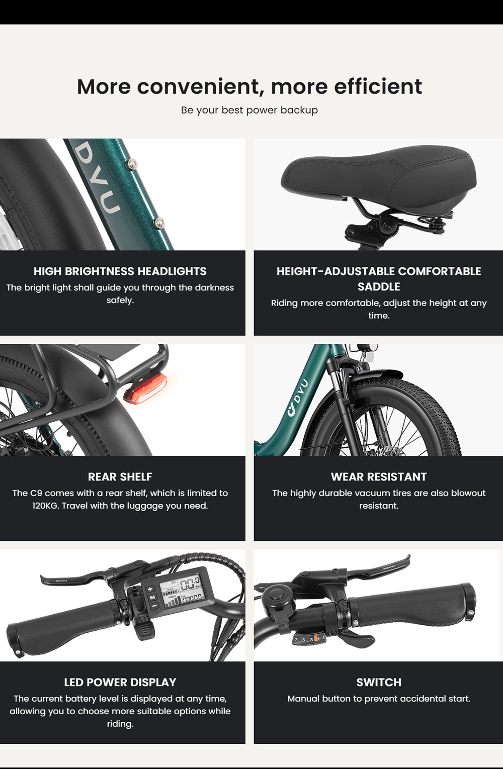 Skladací elektrický bicykel DYU C9, 250W motor, 48V 15.6Ah batéria, 20*3.0 palcové pneumatiky, max. rýchlosť 25 km/h, dojazd 150 km, olejová brzda, predný tlmič, 7-rýchlostný prevod Shimano - biely