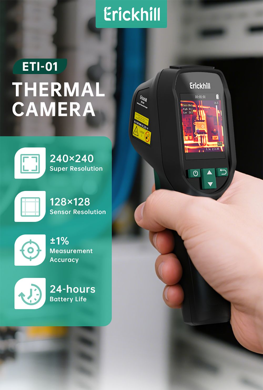 ERICKHILL ETI-01 termokamera, 240×240 IR, 20Hz obnovovacia frekvencia, rozsah -20°C až 550°C, HVAC/detektor úniku vzduchu, laserové ukazovadlo