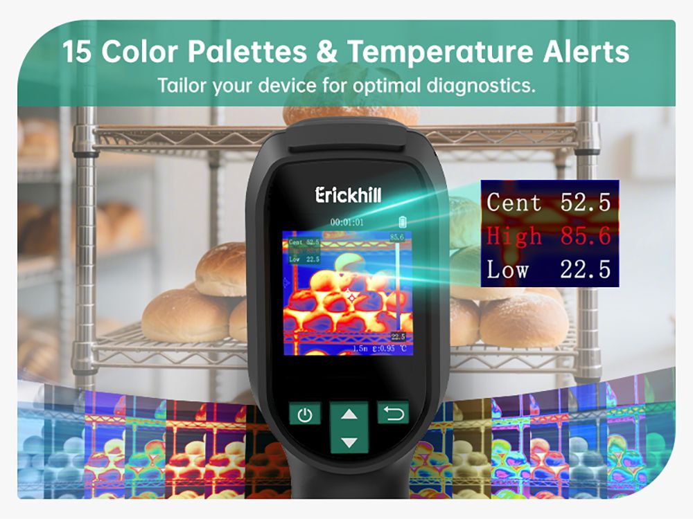 Termokamera ERICKHILL ETI-01, 240×240 IR, 20Hz obnovovacia frekvencia, rozsah -20°C až 550°C, HVAC/detektor úniku vzduchu, laserové ukazovadlo