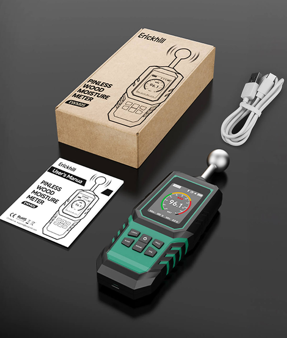 ERICKHILL EWM05 Meter vlhkosti dreva, bezkontaktný, trojfarebný LED krúžok & digitálna stupnica, 1000mAh dobíjacia batéria