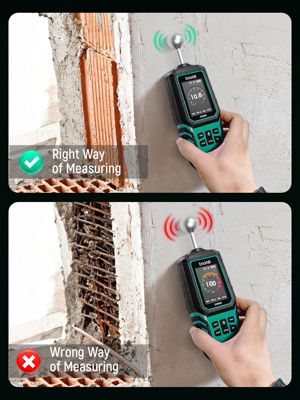 ERICKHILL EWM05 Meter vlhkosti dreva, bezkontaktný, trojfarebný LED krúžok & digitálna stupnica, 1000mAh dobíjacia batéria