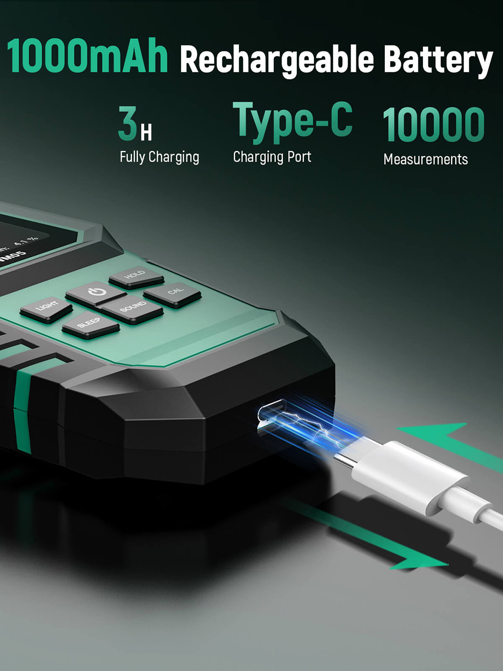 ERICKHILL EWM05 Meter vlhkosti dreva, bezkontaktný, trojfarebný LED krúžok & digitálna stupnica, 1000mAh dobíjacia batéria